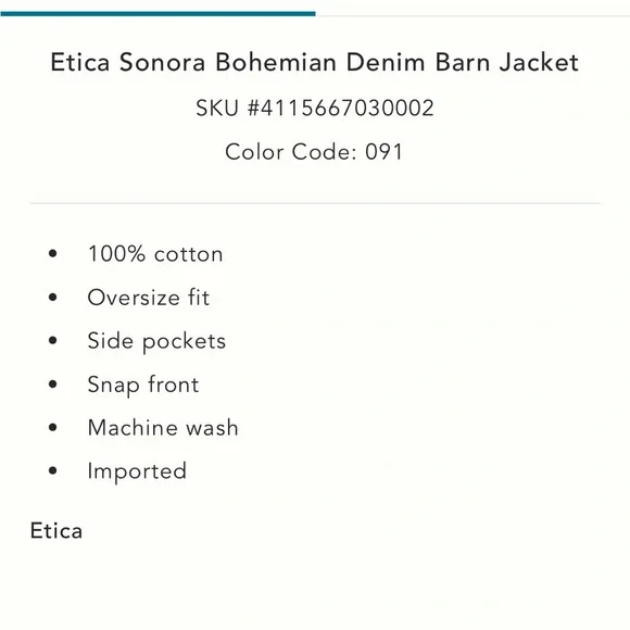 NWT! Etica at Anthropologie Barn Jacket - Picture 5 of 5